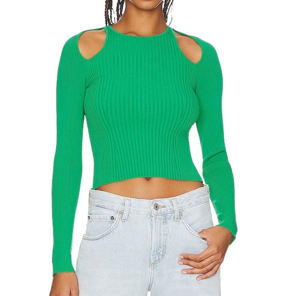 ASTR The Label Womens Eris Crop Kelly Green Ribbed Sweater Size M Cutout Stretch
